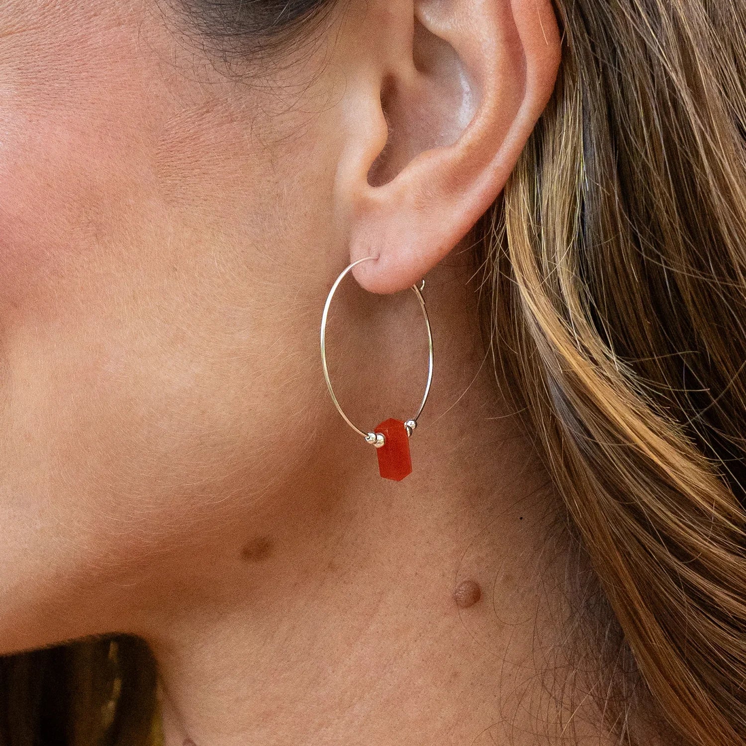 Large Hoop Carnelian Double Terminated Crystal Point Earrings