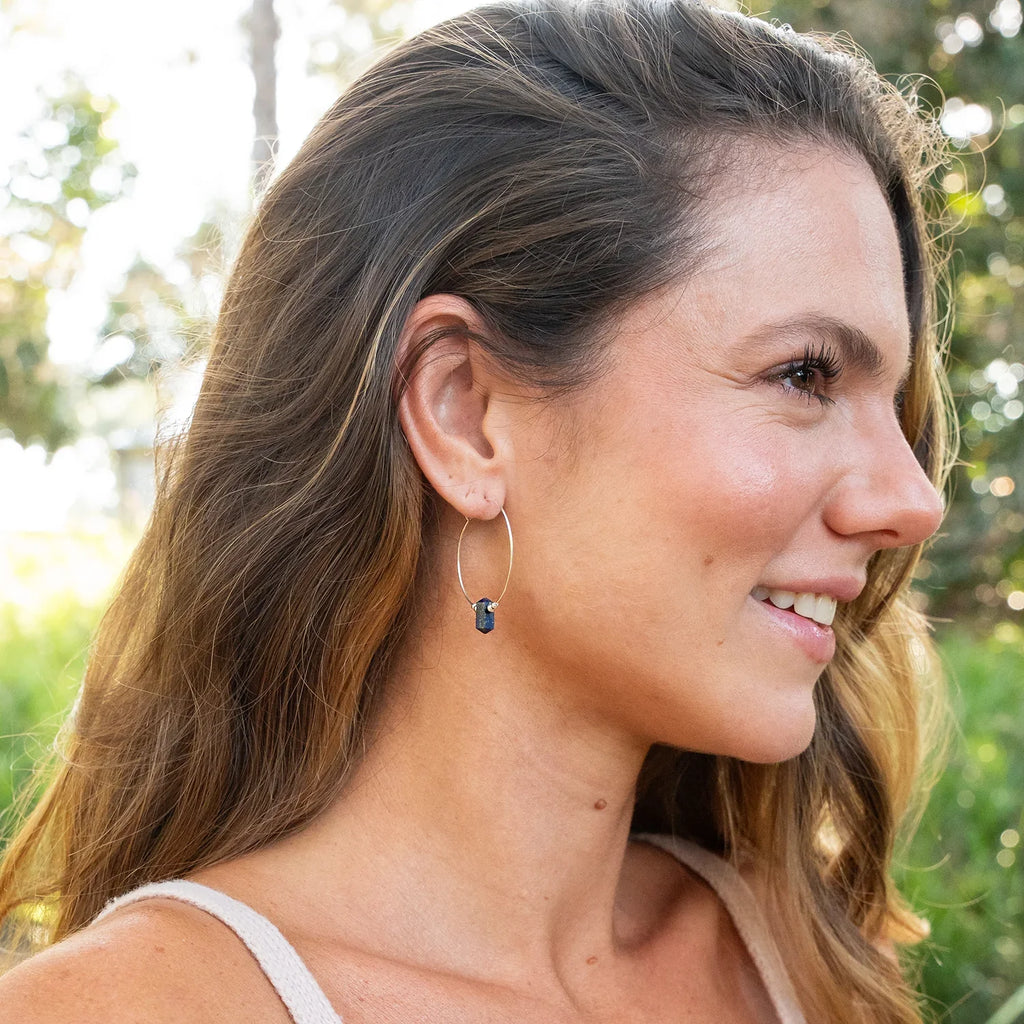 Large Hoop Lapis Lazuli Double Terminated Crystal Point Earrings