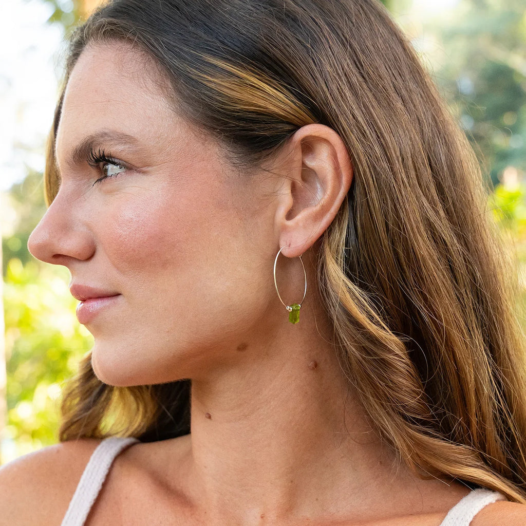 Large Hoop Peridot Double Terminated Crystal Point Earrings