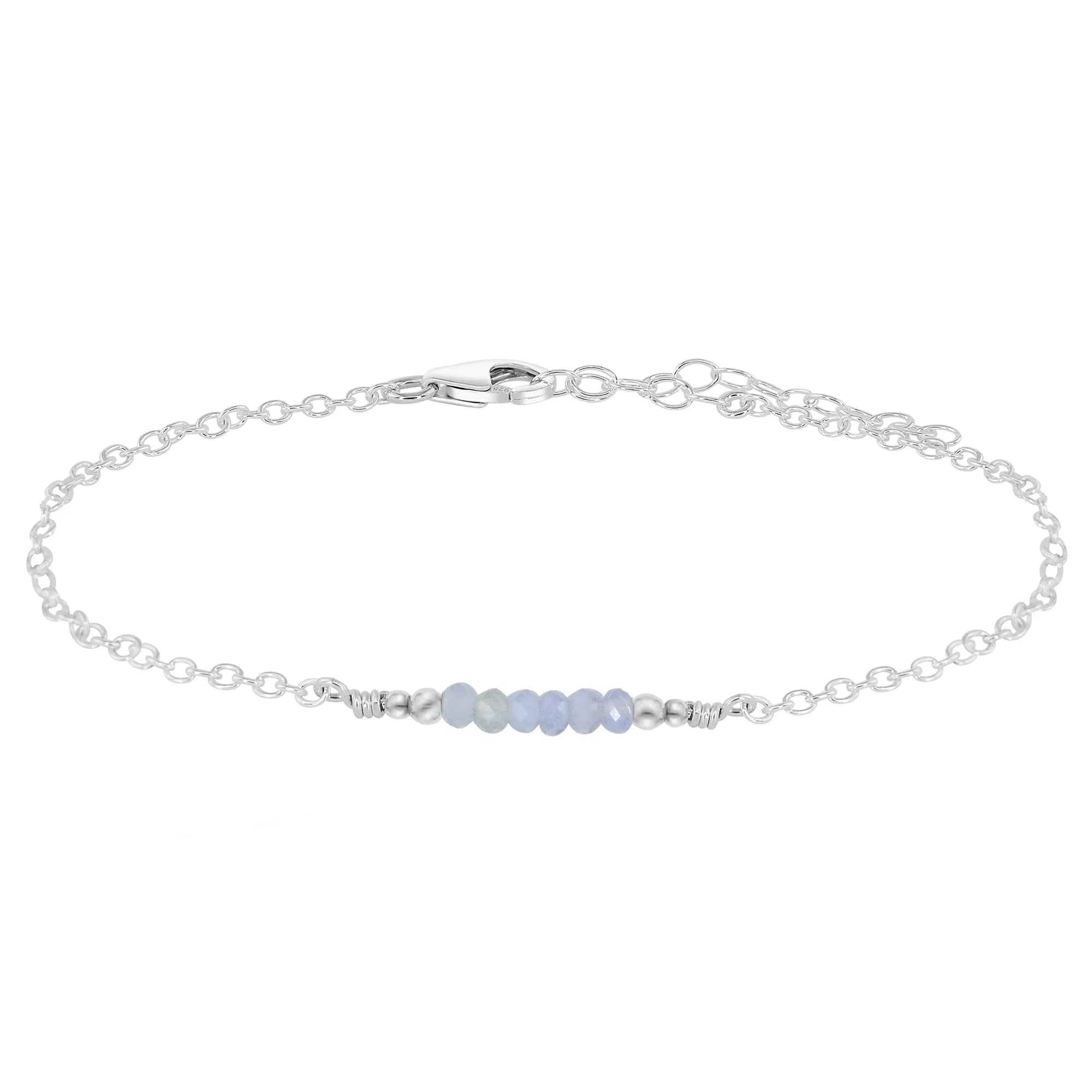 Sparkling Blue Lace Agate Gemstone Faceted Bead Bar Anklet - Sparkling Blue Lace Agate Gemstone Faceted Bead Bar Anklet - Sterling Silver - Luna Tide Handmade Crystal Jewellery