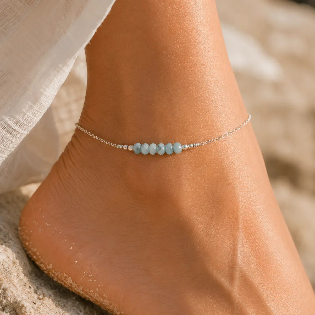 Sparkling Larimar Gemstone Faceted Bead Bar Anklet - Sparkling Larimar Gemstone Faceted Bead Bar Anklet - Sterling Silver - Luna Tide Handmade Crystal Jewellery