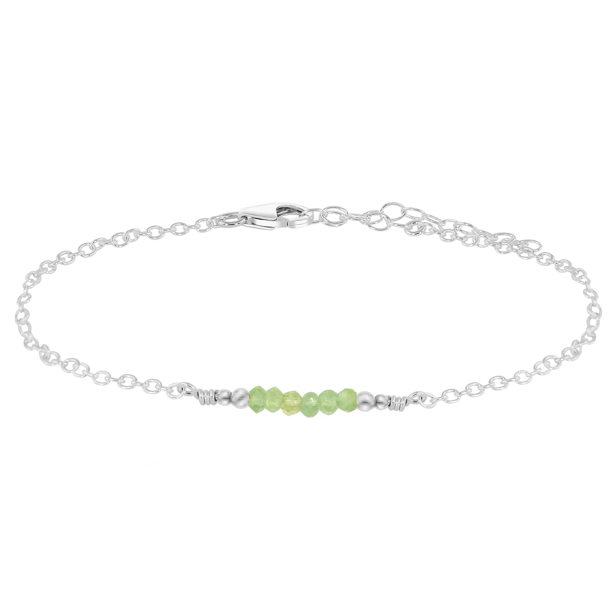 Sparkling Prehnite Gemstone Faceted Bead Bar Anklet - Sparkling Prehnite Gemstone Faceted Bead Bar Anklet - Sterling Silver - Luna Tide Handmade Crystal Jewellery