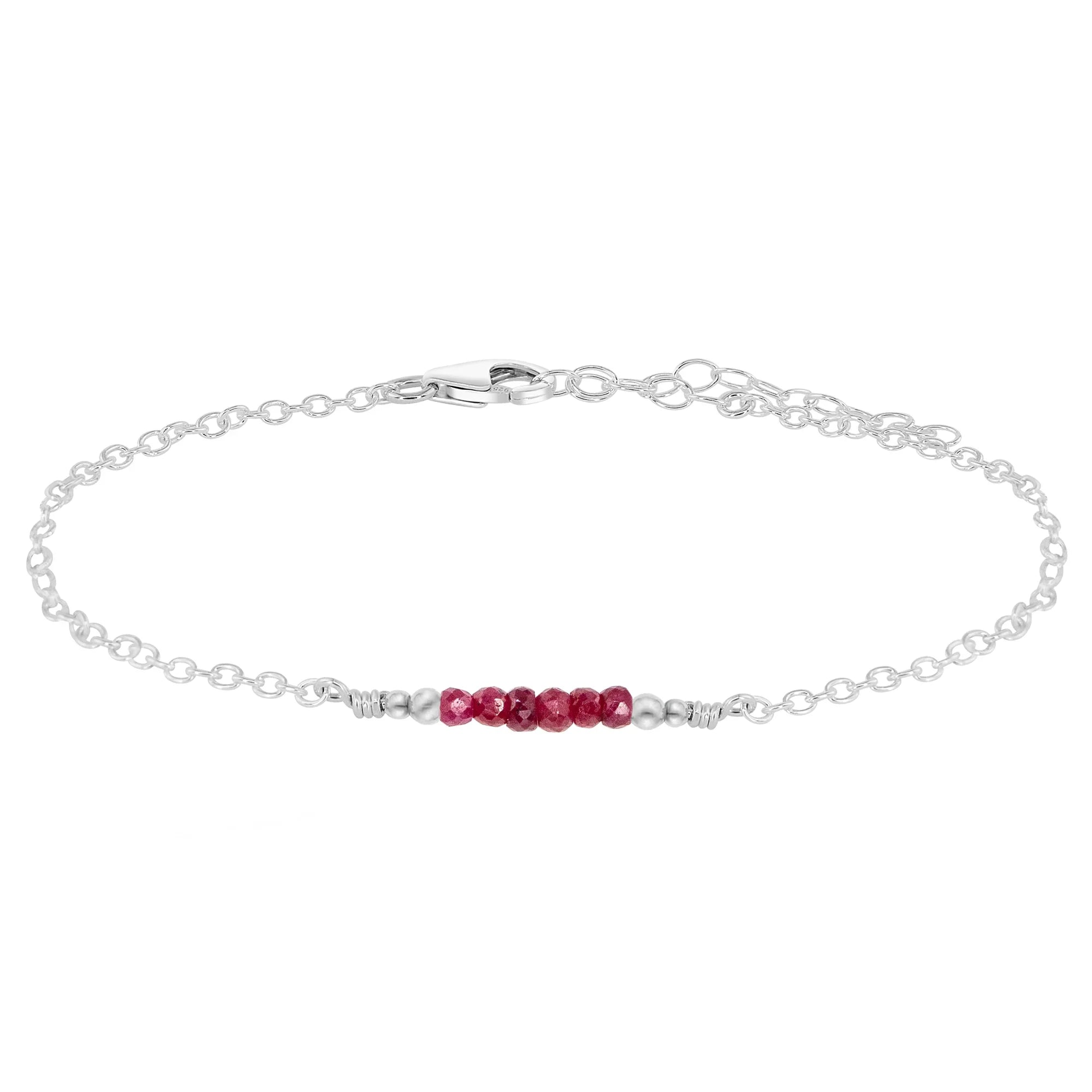 Sparkling Ruby Gemstone Faceted Bead Bar Anklet - Sparkling Ruby Gemstone Faceted Bead Bar Anklet - Sterling Silver - Luna Tide Handmade Crystal Jewellery