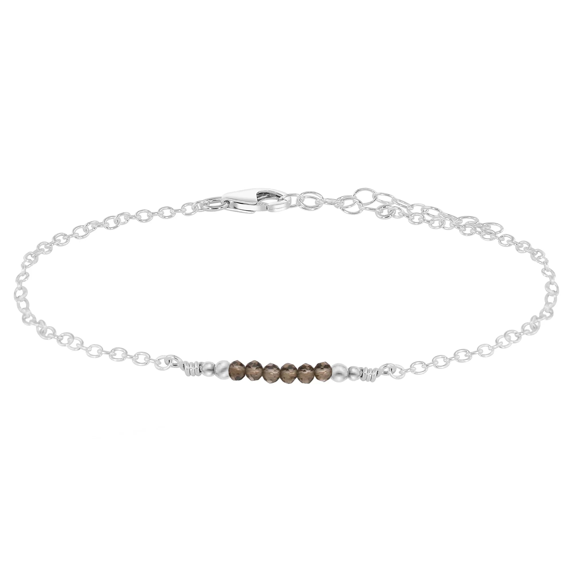 Sparkling Smoky Quartz Gemstone Faceted Bead Bar Anklet - Sparkling Smoky Quartz Gemstone Faceted Bead Bar Anklet - Sterling Silver - Luna Tide Handmade Crystal Jewellery