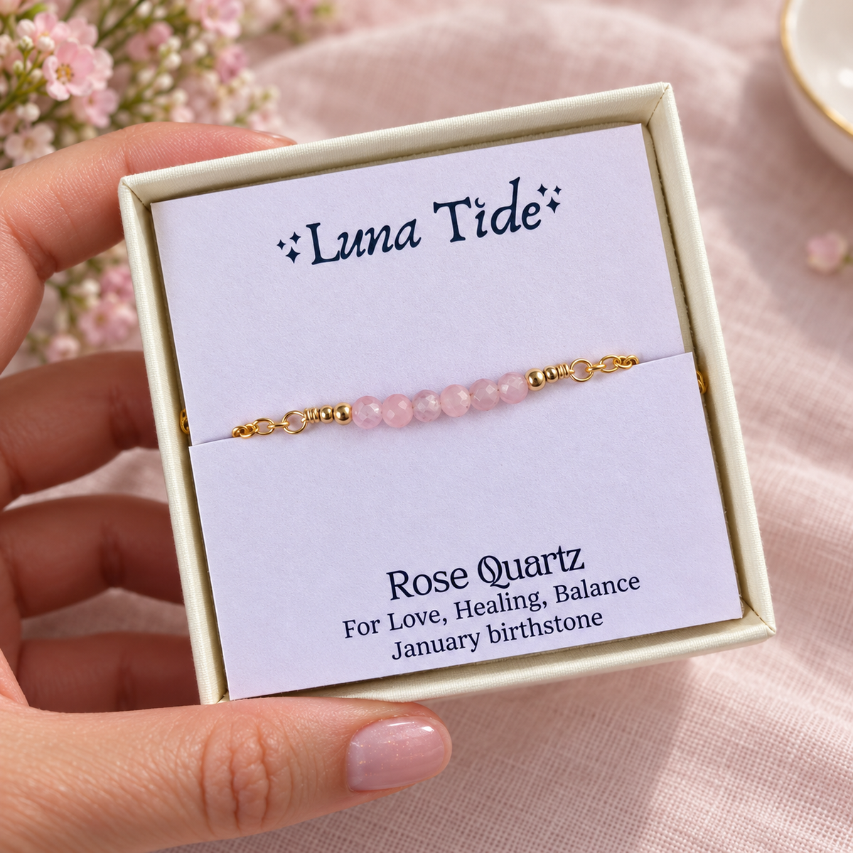 Sparkling Pink Rose Quartz Gemstone Faceted Bead Bar Bracelet