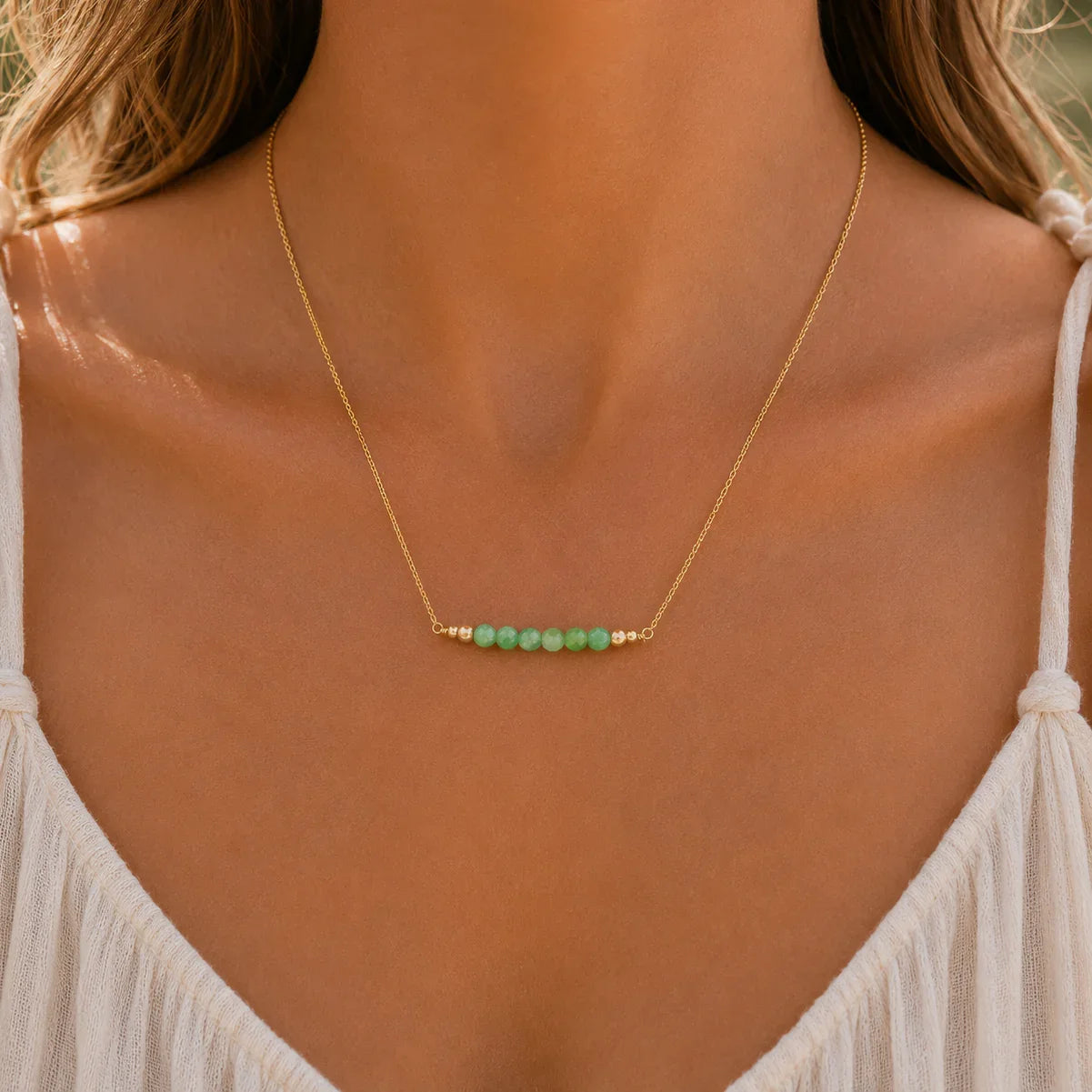 Sparkling Chrysoprase Faceted Bead Bar Necklace - Sparkling Chrysoprase Faceted Bead Bar Necklace - 14k Gold Fill - Luna Tide Handmade Crystal Jewellery