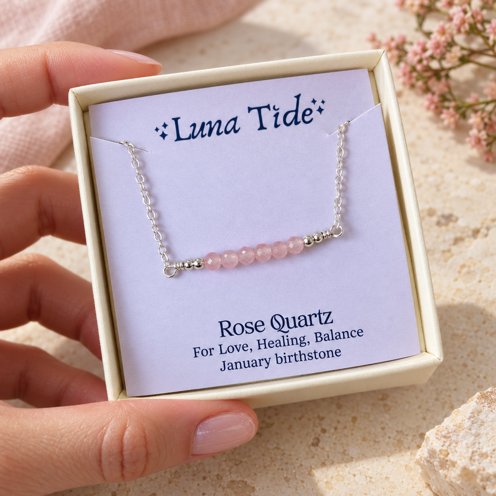 Sparkling Pink Rose Quartz Faceted Bead Bar Necklace