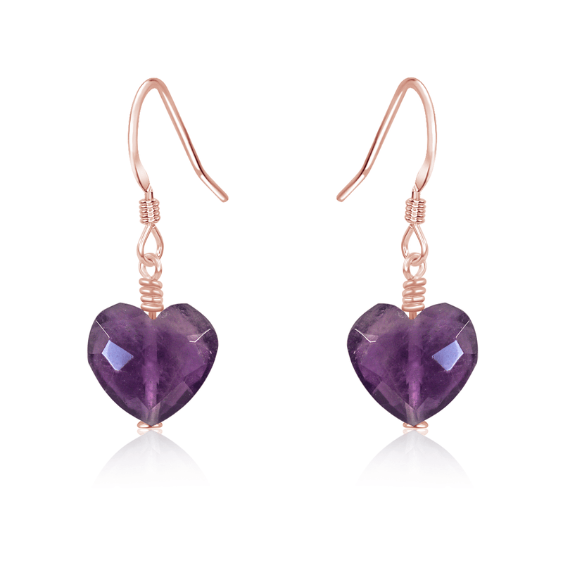 Amethyst Crystal Heart Dangle Earrings - Amethyst Crystal Heart Dangle Earrings - 14k Rose Gold Fill - Luna Tide Handmade Crystal Jewellery