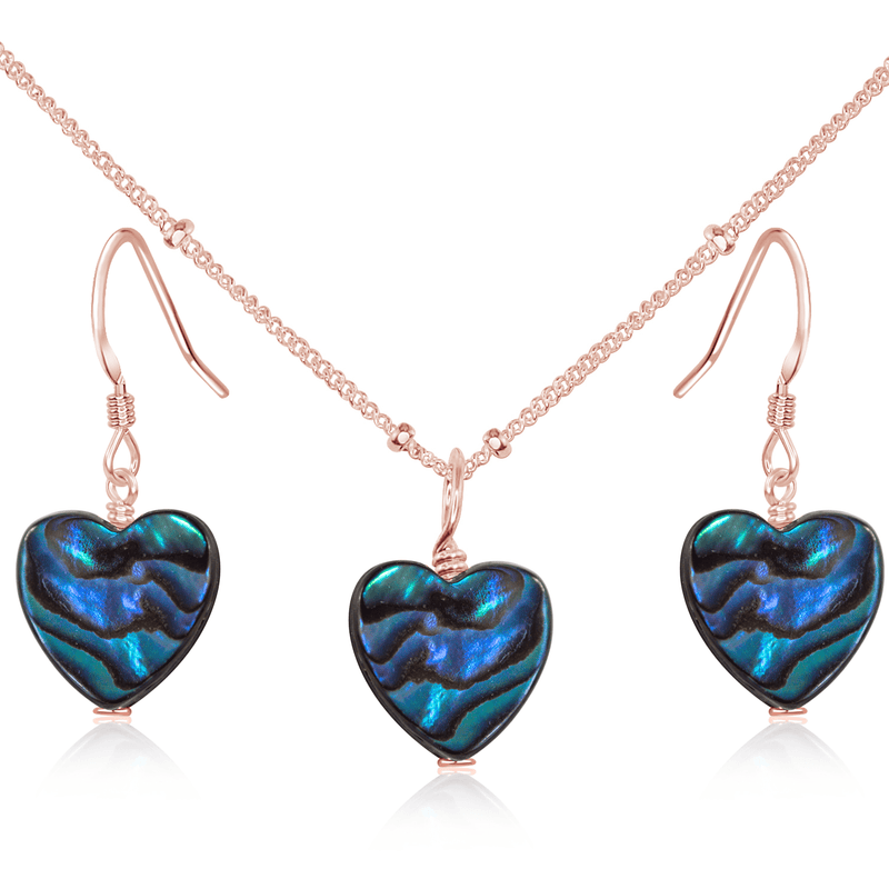Abalone Shell Heart Jewellery Set - Abalone Shell Heart Jewellery Set - 14k Rose Gold Fill / Satellite / Necklace & Earrings - Luna Tide Handmade Crystal Jewellery