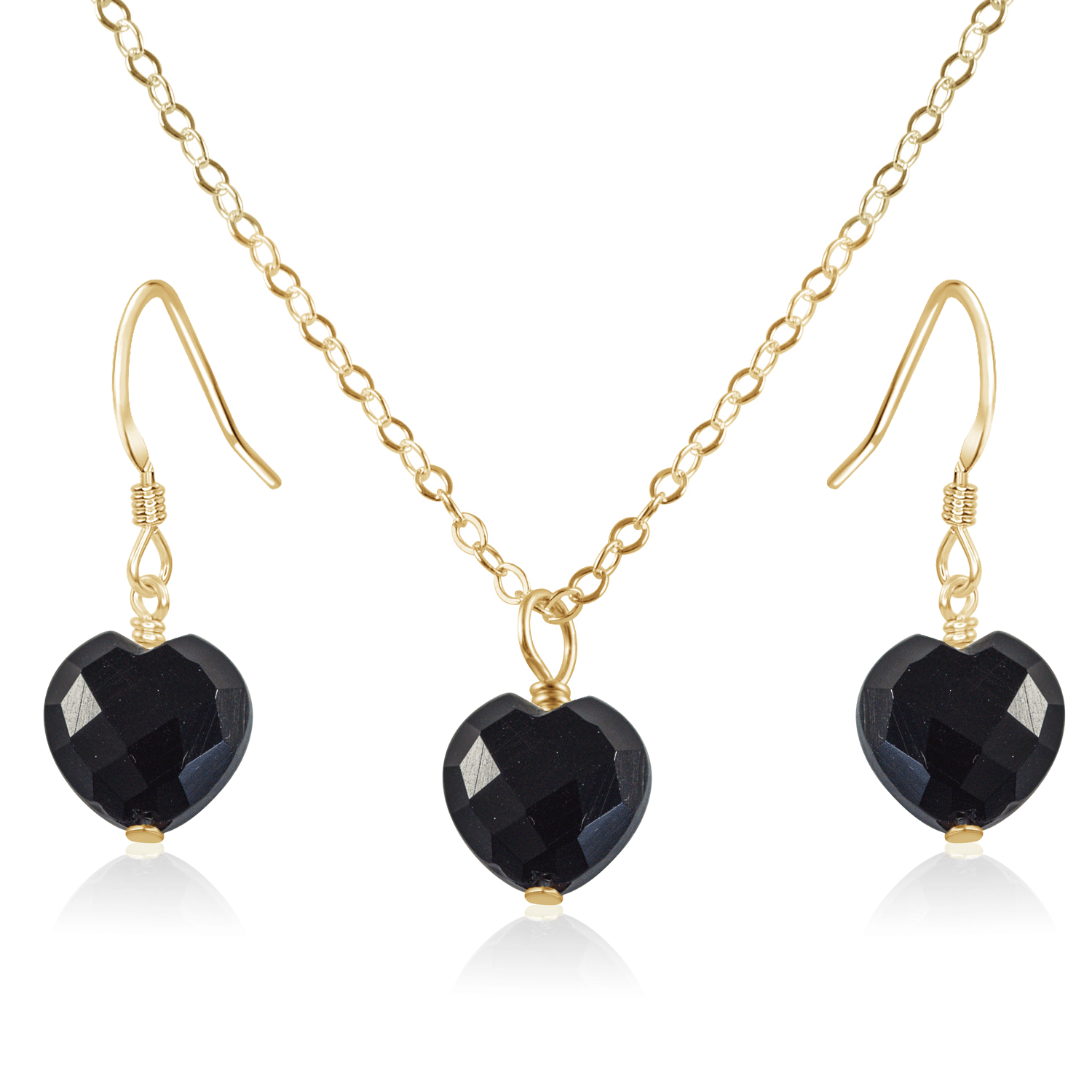 Black Onyx Crystal Heart Jewellery Set - Black Onyx Crystal Heart Jewellery Set - 14k Gold Fill / Cable / Necklace & Earrings - Luna Tide Handmade Crystal Jewellery