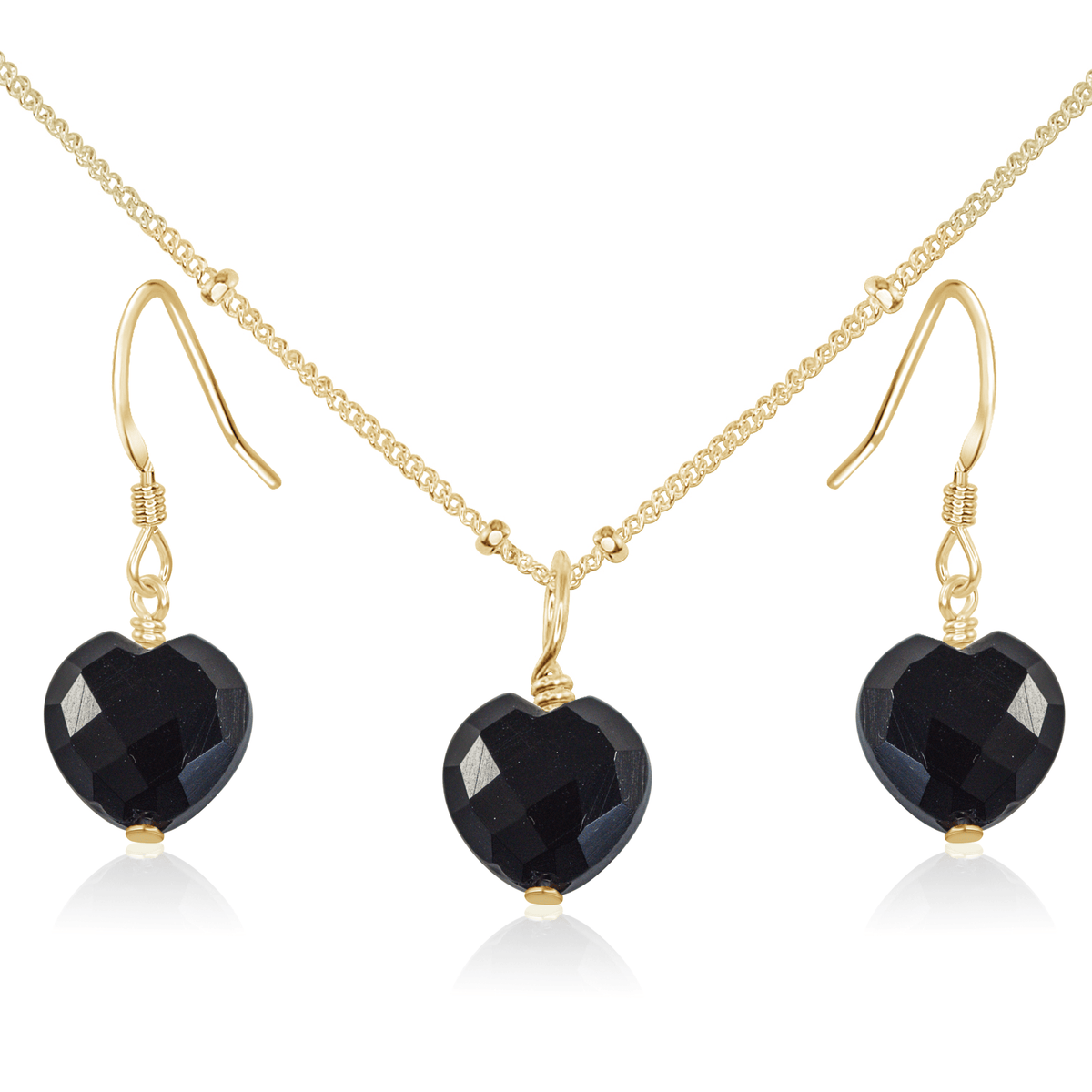 Black Onyx Crystal Heart Jewellery Set - Black Onyx Crystal Heart Jewellery Set - 14k Gold Fill / Satellite / Necklace & Earrings - Luna Tide Handmade Crystal Jewellery
