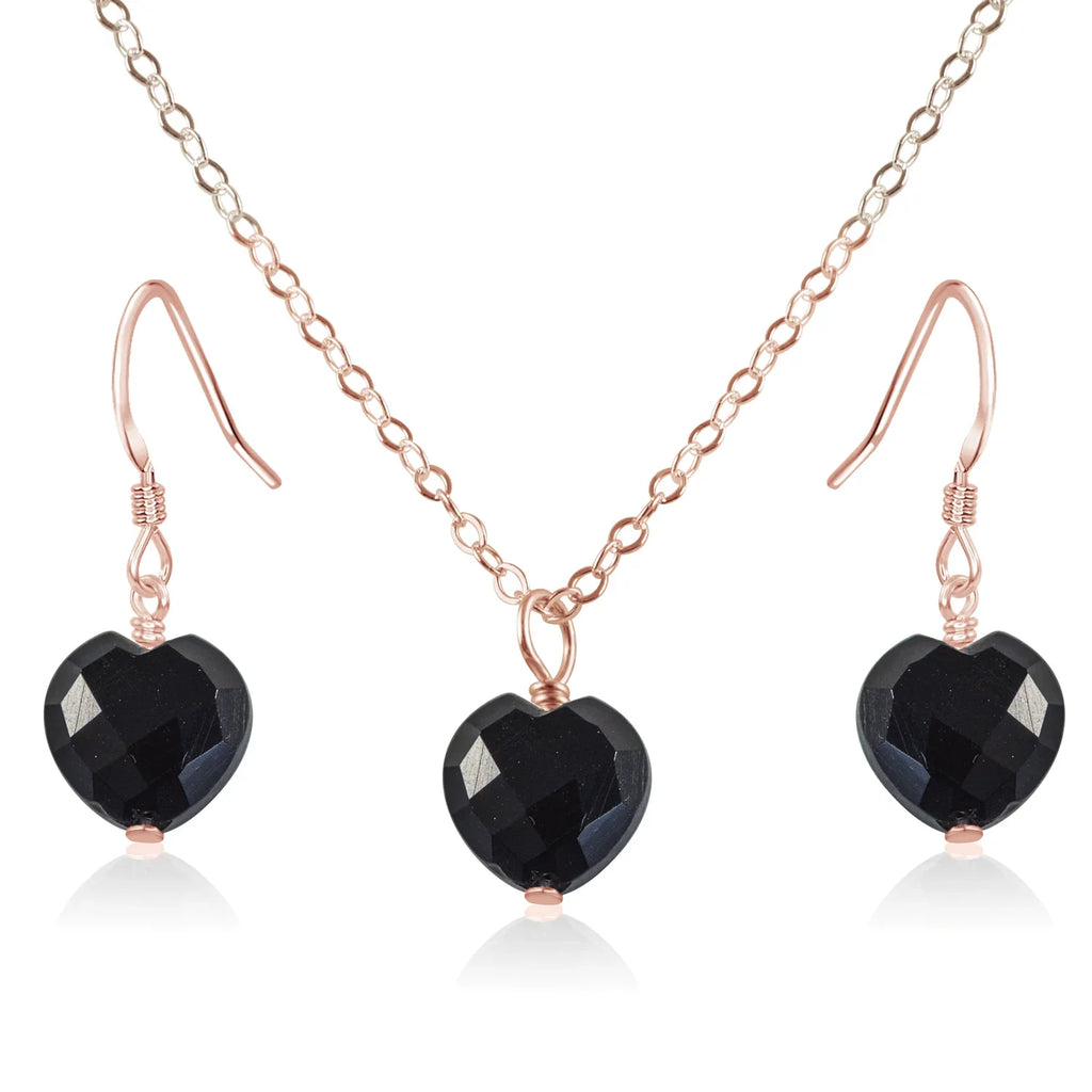 Black Onyx Crystal Heart Jewellery Set - Black Onyx Crystal Heart Jewellery Set - 14k Rose Gold Fill / Cable / Necklace & Earrings - Luna Tide Handmade Crystal Jewellery