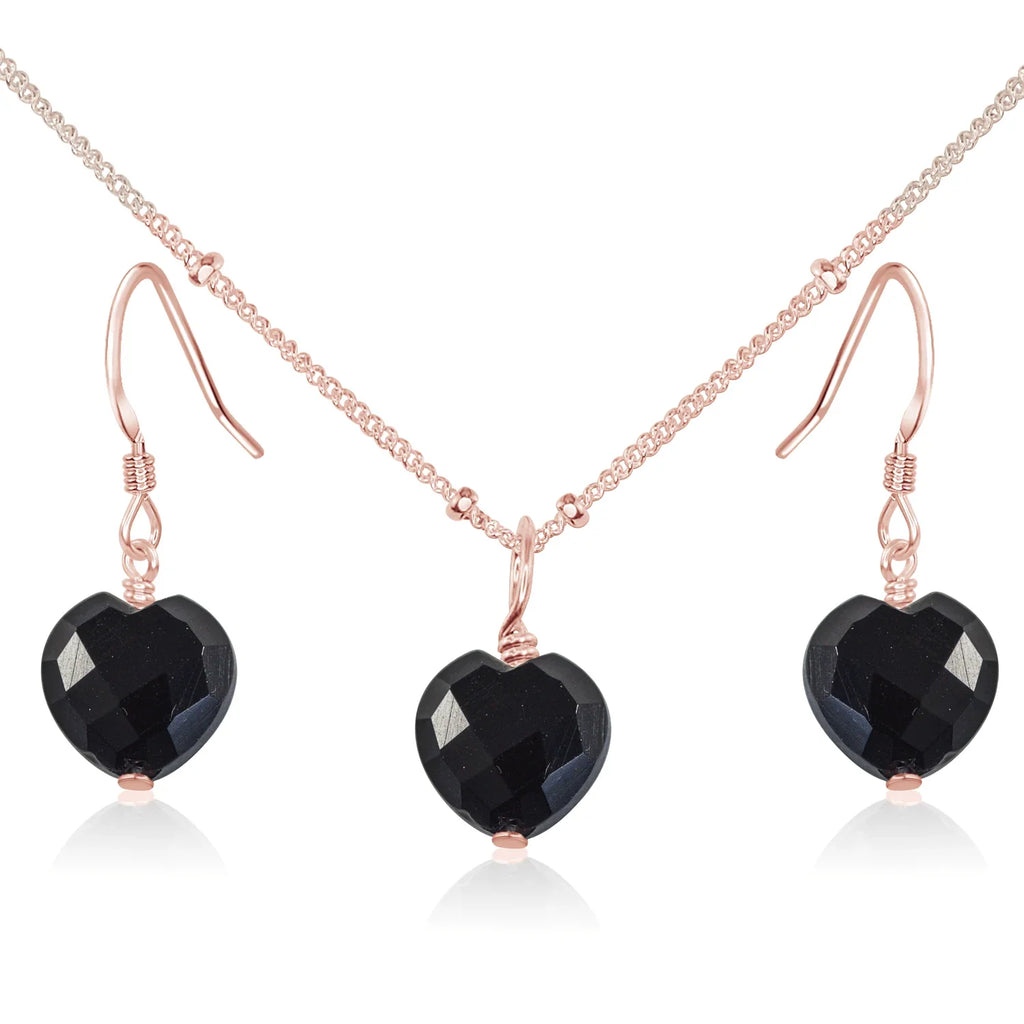 Black Onyx Crystal Heart Jewellery Set - Black Onyx Crystal Heart Jewellery Set - 14k Rose Gold Fill / Satellite / Necklace & Earrings - Luna Tide Handmade Crystal Jewellery