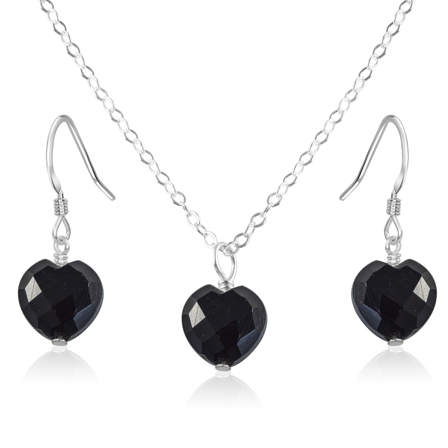 Black Onyx Crystal Heart Jewellery Set - Black Onyx Crystal Heart Jewellery Set - Sterling Silver / Cable / Necklace & Earrings - Luna Tide Handmade Crystal Jewellery