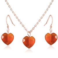 Carnelian Crystal Heart Jewellery Set - Carnelian Crystal Heart Jewellery Set - 14k Rose Gold Fill / Cable / Necklace & Earrings - Luna Tide Handmade Crystal Jewellery