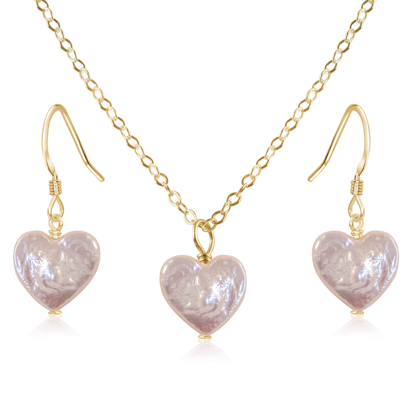 Freshwater Pearl Heart Jewellery Set - Freshwater Pearl Heart Jewellery Set - 14k Gold Fill / Cable / Necklace & Earrings - Luna Tide Handmade Crystal Jewellery