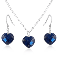 Lapis Lazuli Crystal Heart Jewellery Set - Lapis Lazuli Crystal Heart Jewellery Set - Sterling Silver / Cable / Necklace & Earrings - Luna Tide Handmade Crystal Jewellery
