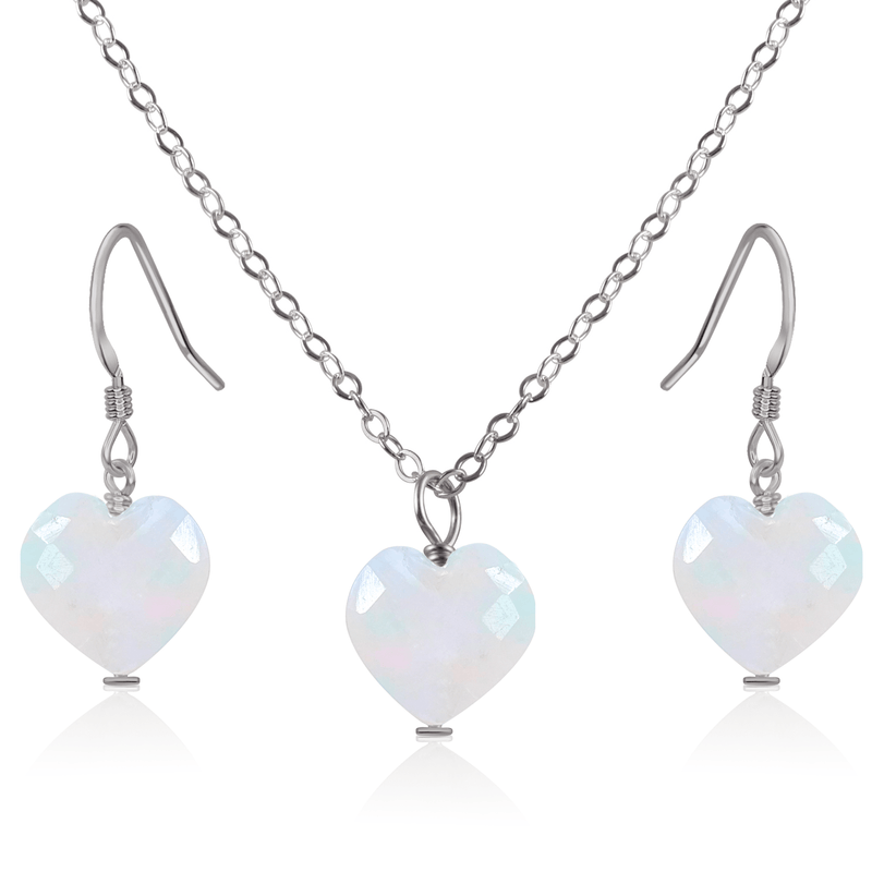 Rainbow Moonstone Crystal Heart Jewellery Set - Rainbow Moonstone Crystal Heart Jewellery Set - Stainless Steel / Cable / Necklace & Earrings - Luna Tide Handmade Crystal Jewellery