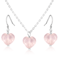 Rose Quartz Crystal Heart Jewellery Set - Rose Quartz Crystal Heart Jewellery Set - Sterling Silver / Cable / Necklace & Earrings - Luna Tide Handmade Crystal Jewellery