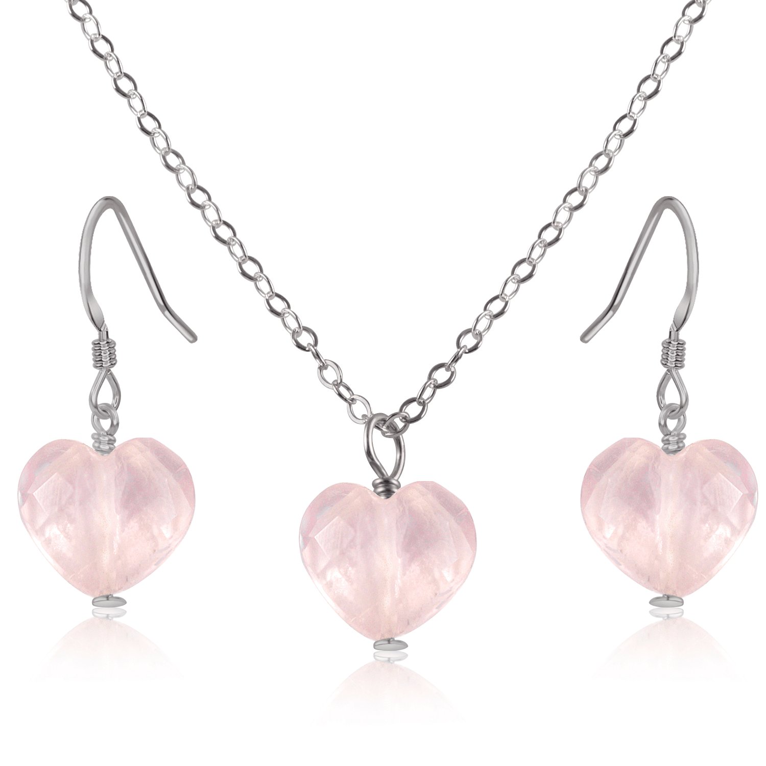 Rose Quartz Crystal Heart Jewellery Set - Rose Quartz Crystal Heart Jewellery Set - Stainless Steel / Cable / Necklace & Earrings - Luna Tide Handmade Crystal Jewellery