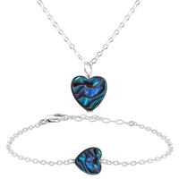 Abalone Shell Heart Jewellery Set - Abalone Shell Heart Jewellery Set - Sterling Silver / Cable / Necklace & Bracelet - Luna Tide Handmade Crystal Jewellery