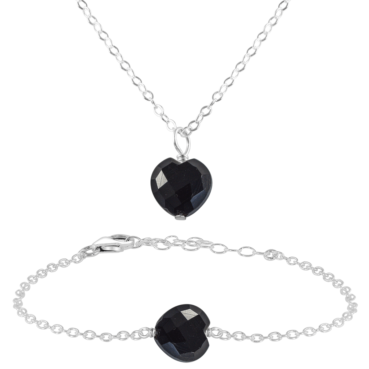 Black Onyx Crystal Heart Jewellery Set - Black Onyx Crystal Heart Jewellery Set - Sterling Silver / Cable / Necklace & Bracelet - Luna Tide Handmade Crystal Jewellery