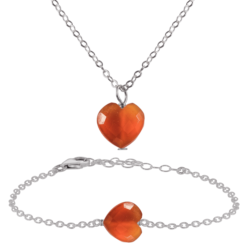 Carnelian Crystal Heart Jewellery Set - Carnelian Crystal Heart Jewellery Set - Stainless Steel / Cable / Necklace & Bracelet - Luna Tide Handmade Crystal Jewellery