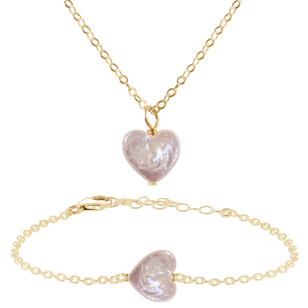 Freshwater Pearl Heart Jewellery Set - Freshwater Pearl Heart Jewellery Set - 14k Gold Fill / Cable / Necklace & Bracelet - Luna Tide Handmade Crystal Jewellery