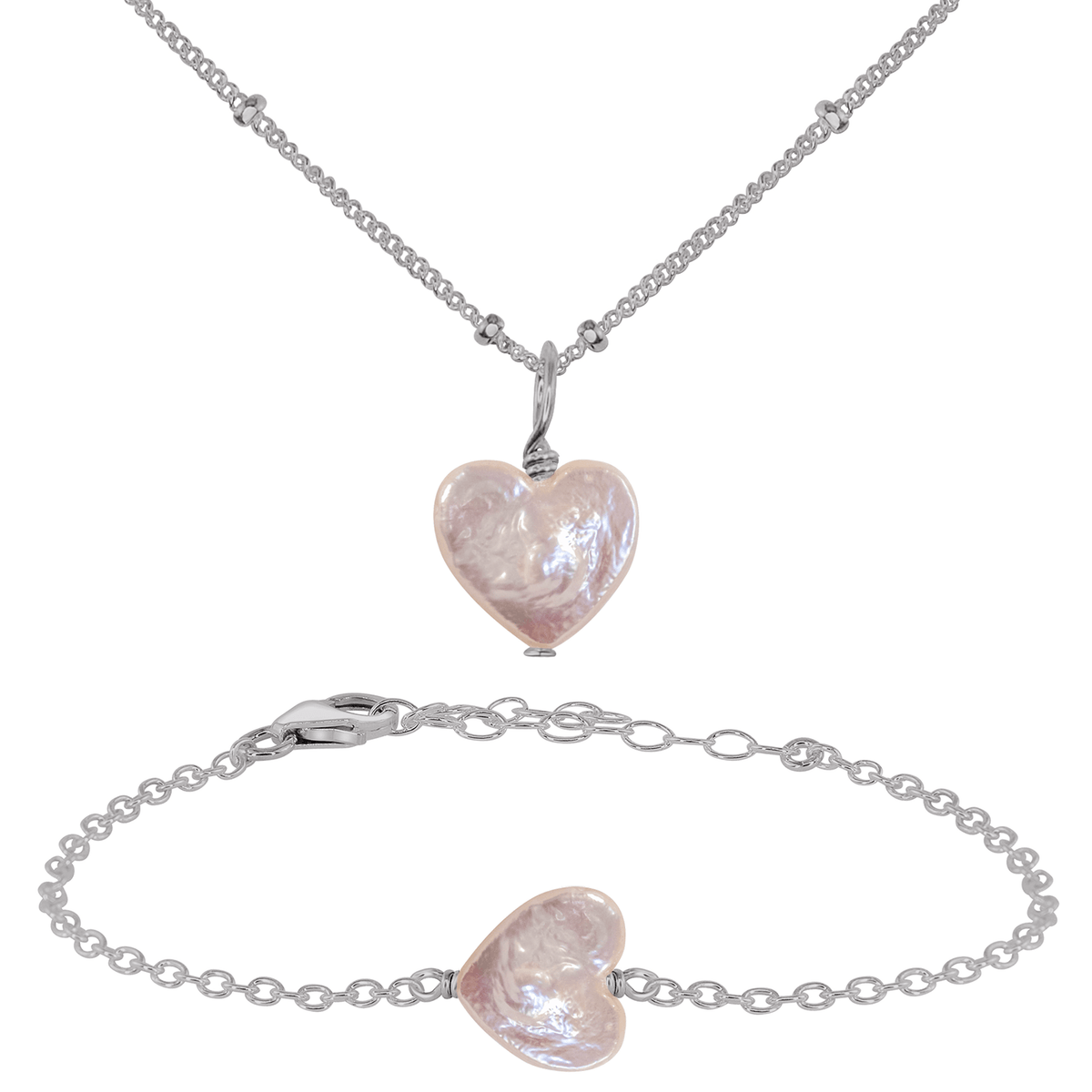 Freshwater Pearl Heart Jewellery Set - Freshwater Pearl Heart Jewellery Set - Stainless Steel / Satellite / Necklace & Bracelet - Luna Tide Handmade Crystal Jewellery