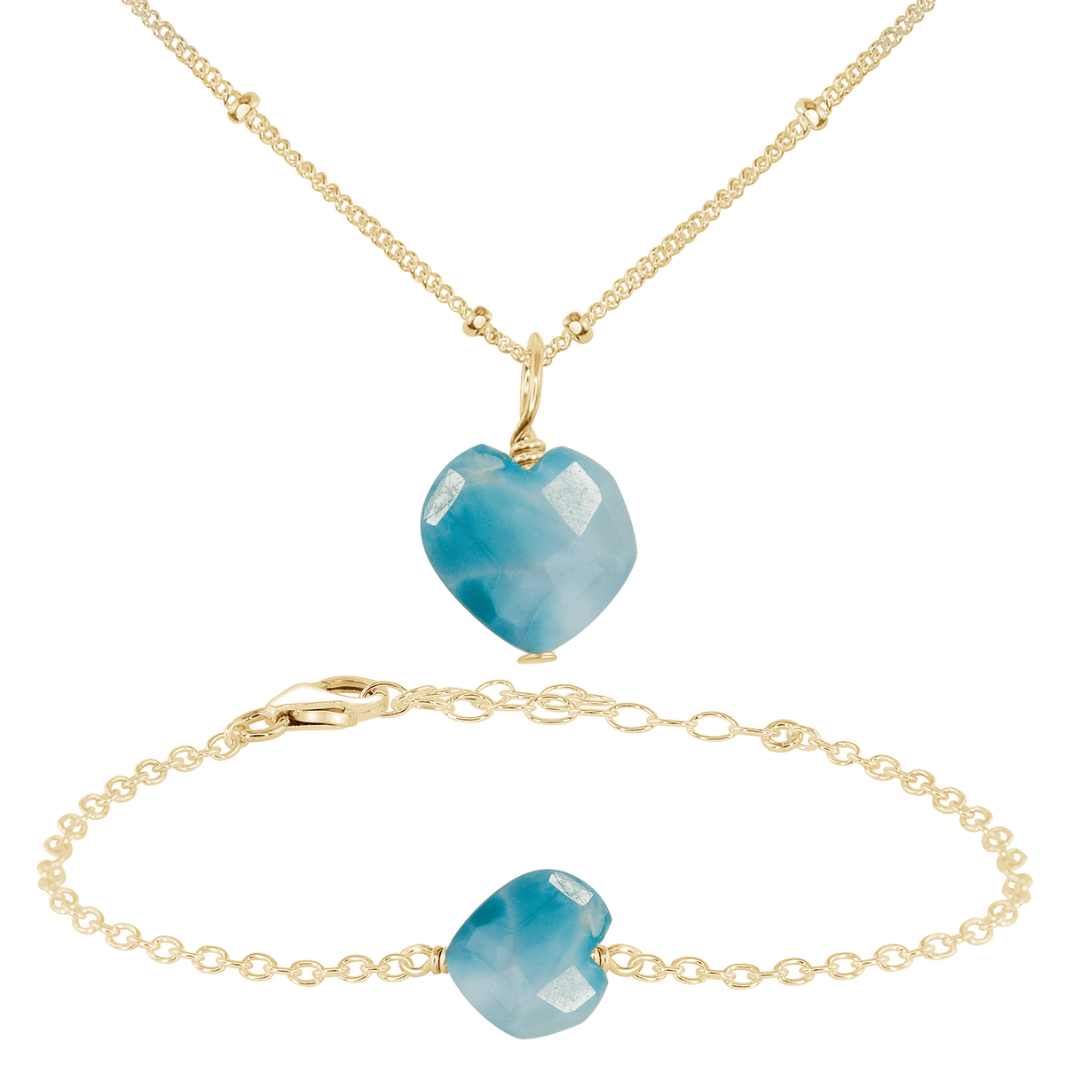 Larimar Crystal Heart Jewellery Set - Larimar Crystal Heart Jewellery Set - 14k Gold Fill / Satellite / Necklace & Bracelet - Luna Tide Handmade Crystal Jewellery