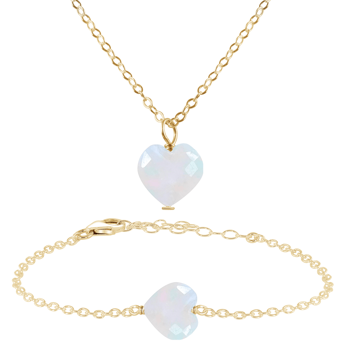 Rainbow Moonstone Crystal Heart Jewellery Set - Rainbow Moonstone Crystal Heart Jewellery Set - 14k Gold Fill / Cable / Necklace & Bracelet - Luna Tide Handmade Crystal Jewellery