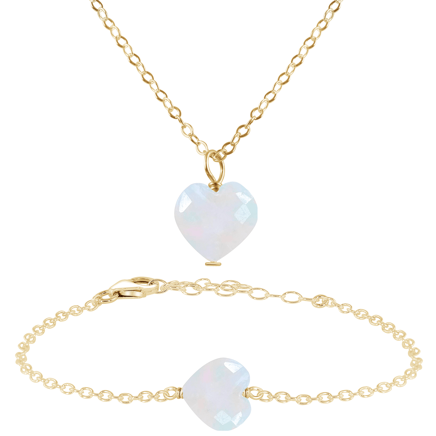 Rainbow Moonstone Crystal Heart Jewellery Set - Rainbow Moonstone Crystal Heart Jewellery Set - 14k Gold Fill / Cable / Necklace & Bracelet - Luna Tide Handmade Crystal Jewellery