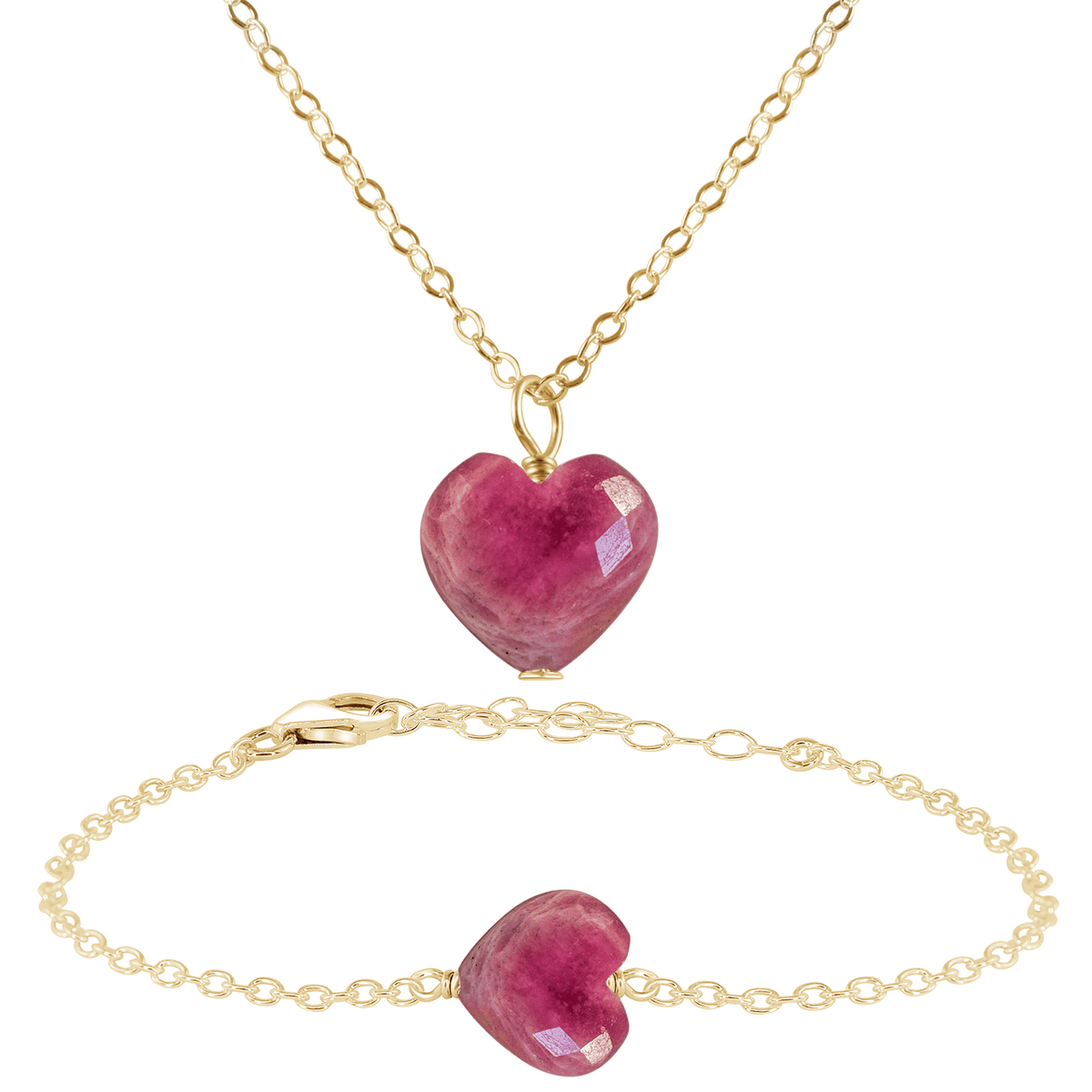 Ruby Crystal Heart Jewellery Set - Ruby Crystal Heart Jewellery Set - 14k Gold Fill / Cable / Necklace & Bracelet - Luna Tide Handmade Crystal Jewellery