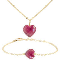 Ruby Crystal Heart Jewellery Set - Ruby Crystal Heart Jewellery Set - 14k Gold Fill / Satellite / Necklace & Bracelet - Luna Tide Handmade Crystal Jewellery