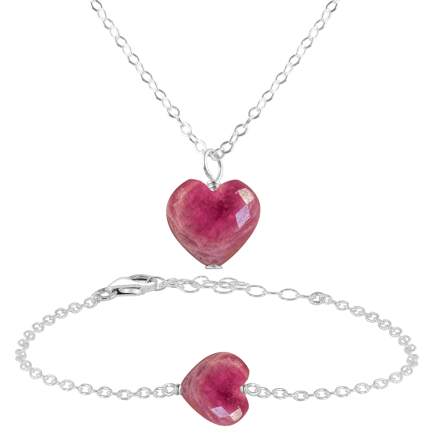 Ruby Crystal Heart Jewellery Set - Ruby Crystal Heart Jewellery Set - Sterling Silver / Cable / Necklace & Bracelet - Luna Tide Handmade Crystal Jewellery