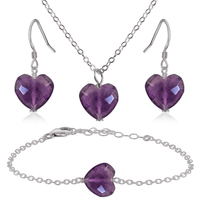 Amethyst Crystal Heart Jewellery Set - Amethyst Crystal Heart Jewellery Set - Stainless Steel / Cable / Necklace & Earrings & Bracelet - Luna Tide Handmade Crystal Jewellery
