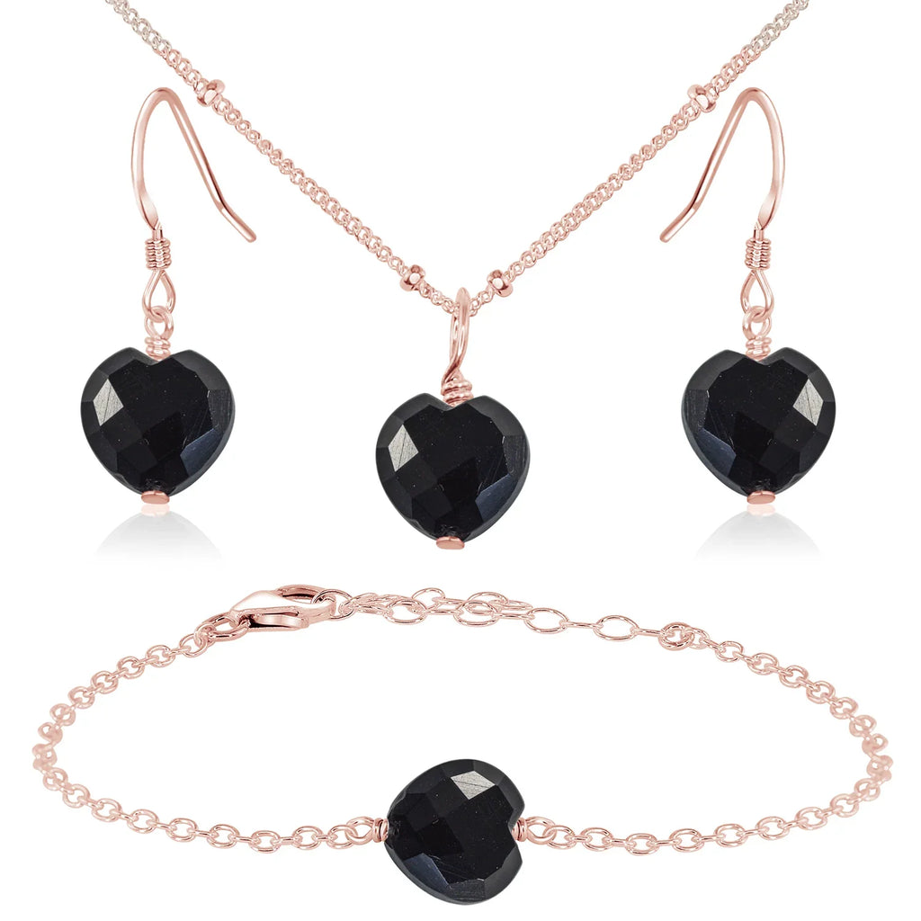 Black Onyx Crystal Heart Jewellery Set - Black Onyx Crystal Heart Jewellery Set - 14k Rose Gold Fill / Satellite / Necklace & Earrings & Bracelet - Luna Tide Handmade Crystal Jewellery