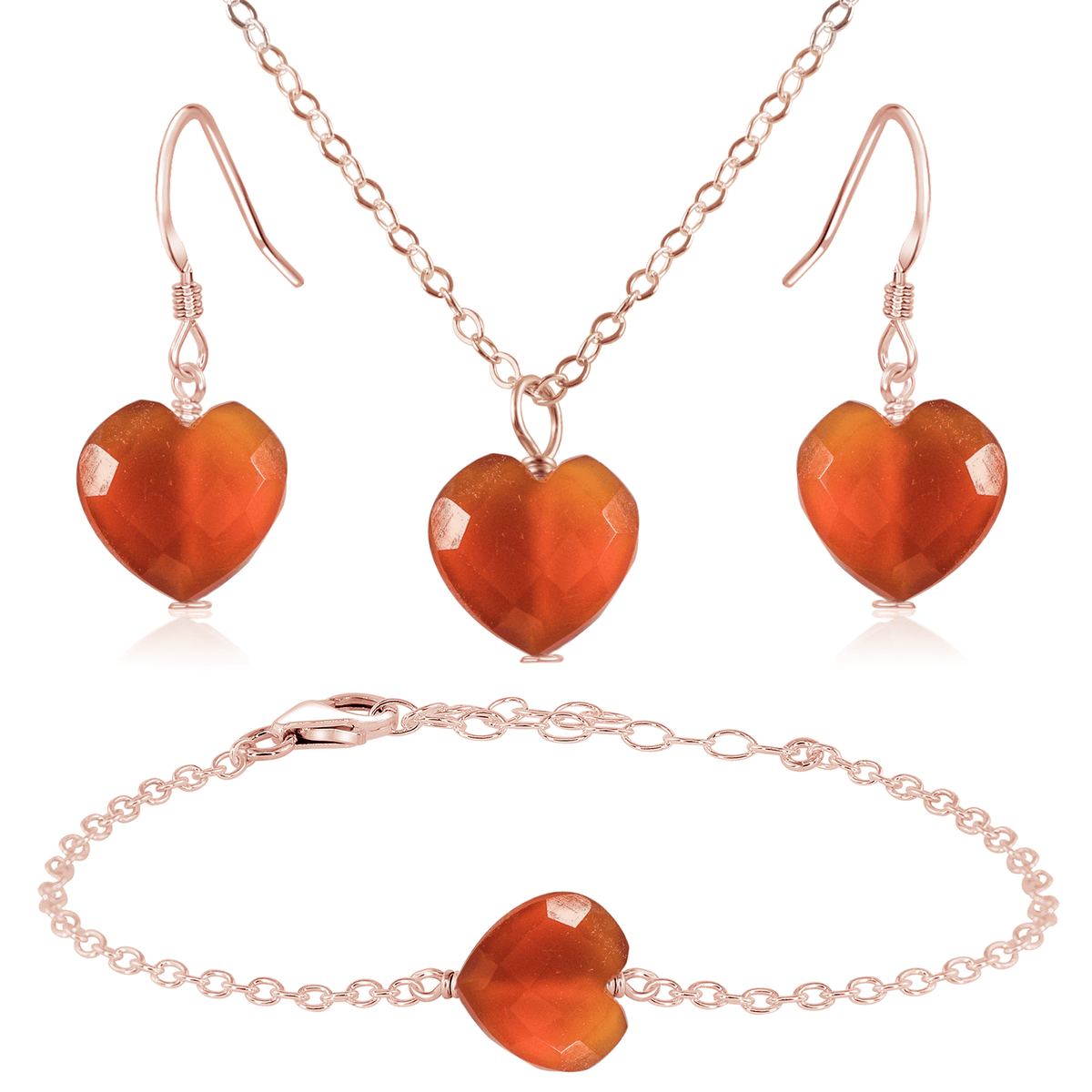 Carnelian Crystal Heart Jewellery Set - Carnelian Crystal Heart Jewellery Set - 14k Rose Gold Fill / Cable / Necklace & Earrings & Bracelet - Luna Tide Handmade Crystal Jewellery