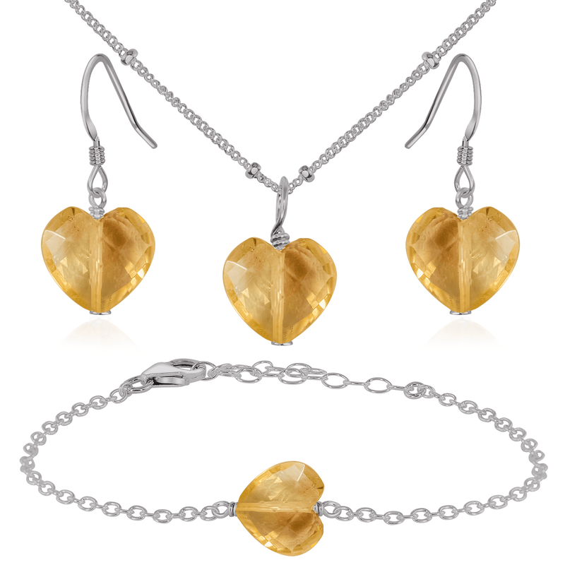 Citrine Crystal Heart Jewellery Set - Citrine Crystal Heart Jewellery Set - Stainless Steel / Satellite / Necklace & Earrings & Bracelet - Luna Tide Handmade Crystal Jewellery