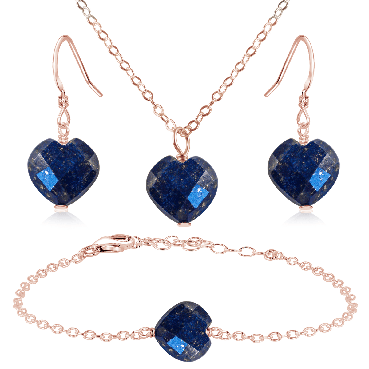 Lapis Lazuli Crystal Heart Jewellery Set - Lapis Lazuli Crystal Heart Jewellery Set - 14k Rose Gold Fill / Cable / Necklace & Earrings & Bracelet - Luna Tide Handmade Crystal Jewellery