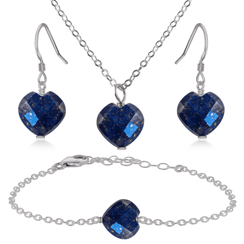Lapis Lazuli Crystal Heart Jewellery Set - Lapis Lazuli Crystal Heart Jewellery Set - Stainless Steel / Cable / Necklace & Earrings & Bracelet - Luna Tide Handmade Crystal Jewellery