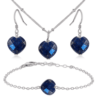 Lapis Lazuli Crystal Heart Jewellery Set - Lapis Lazuli Crystal Heart Jewellery Set - Stainless Steel / Satellite / Necklace & Earrings & Bracelet - Luna Tide Handmade Crystal Jewellery