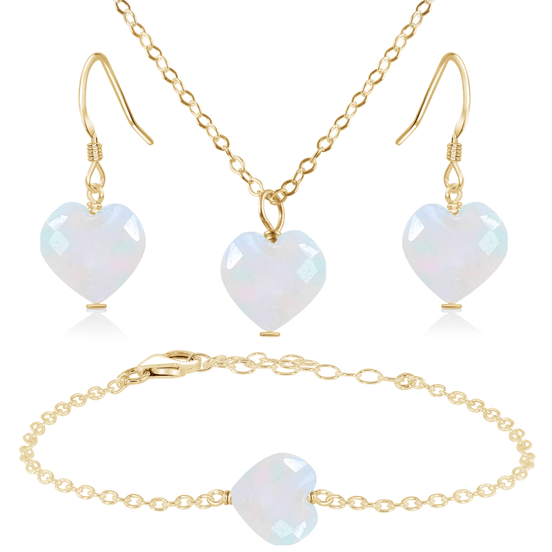 Rainbow Moonstone Crystal Heart Jewellery Set - Rainbow Moonstone Crystal Heart Jewellery Set - 14k Gold Fill / Cable / Necklace & Earrings & Bracelet - Luna Tide Handmade Crystal Jewellery