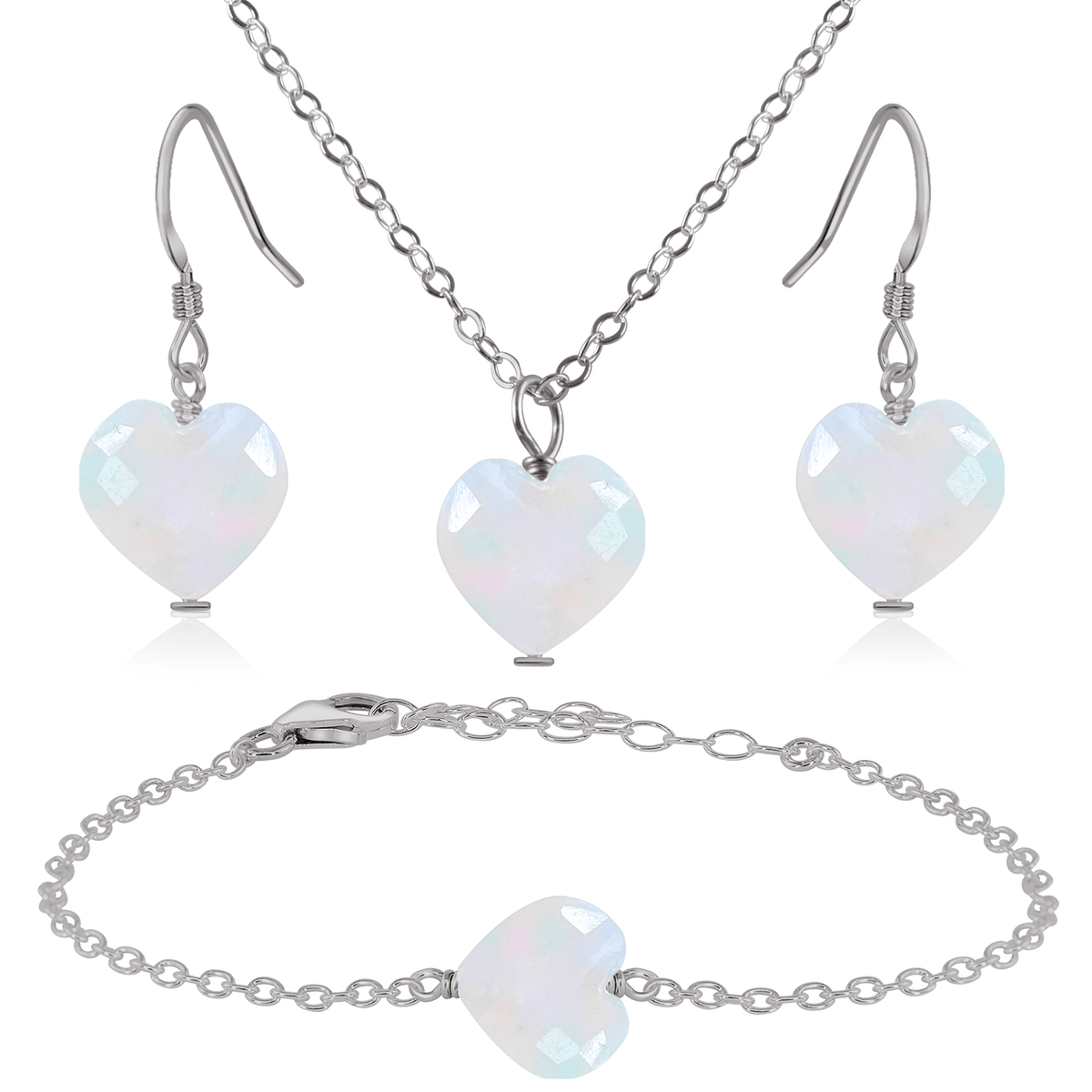 Rainbow Moonstone Crystal Heart Jewellery Set - Rainbow Moonstone Crystal Heart Jewellery Set - Stainless Steel / Cable / Necklace & Earrings & Bracelet - Luna Tide Handmade Crystal Jewellery