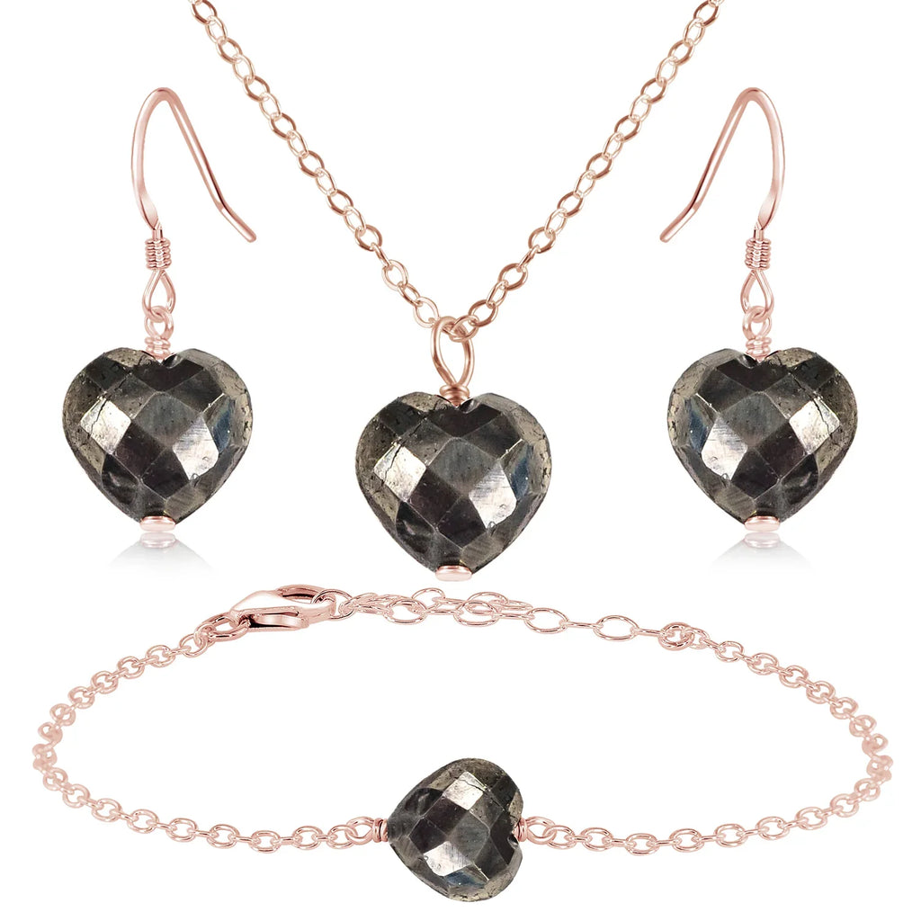 Pyrite Crystal Heart Jewellery Set - Pyrite Crystal Heart Jewellery Set - 14k Rose Gold Fill / Cable / Necklace & Earrings & Bracelet - Luna Tide Handmade Crystal Jewellery