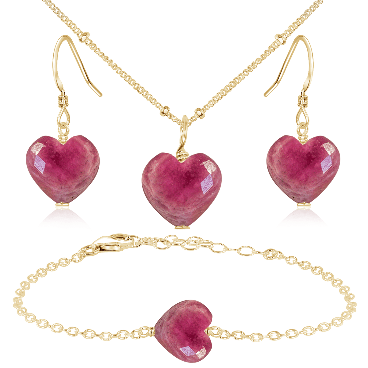 Ruby Crystal Heart Jewellery Set - Ruby Crystal Heart Jewellery Set - 14k Gold Fill / Satellite / Necklace & Earrings & Bracelet - Luna Tide Handmade Crystal Jewellery