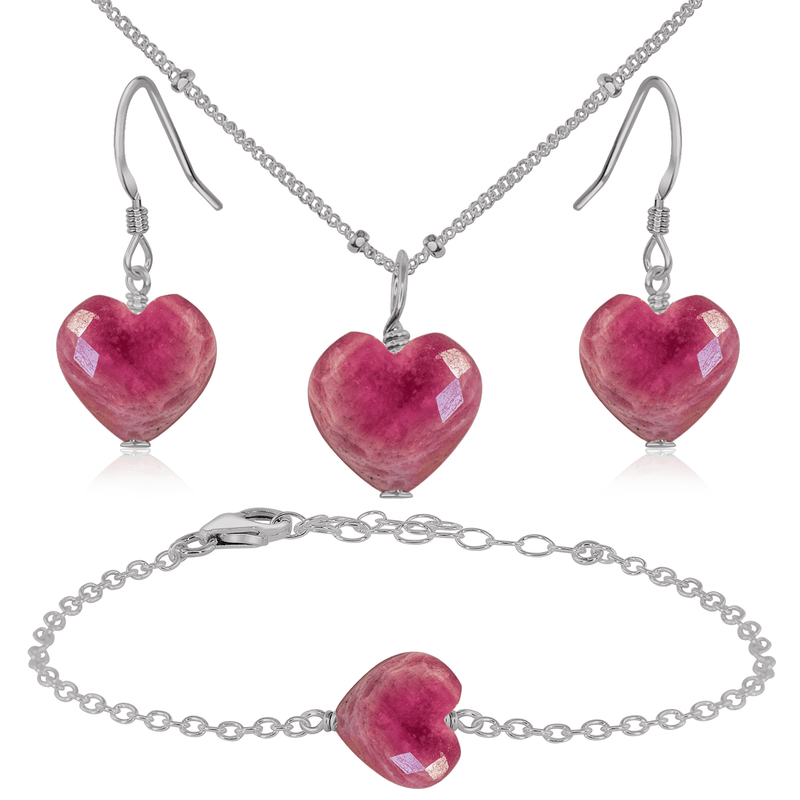 Ruby Crystal Heart Jewellery Set - Ruby Crystal Heart Jewellery Set - Stainless Steel / Satellite / Necklace & Earrings & Bracelet - Luna Tide Handmade Crystal Jewellery