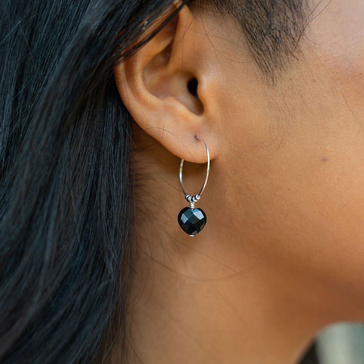 Black Onyx Crystal Heart Dangle Hoop Earrings - Black Onyx Crystal Heart Dangle Hoop Earrings - Sterling Silver - Luna Tide Handmade Crystal Jewellery