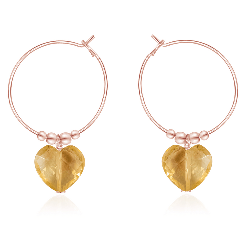 Citrine Crystal Heart Dangle Hoop Earrings - Citrine Crystal Heart Dangle Hoop Earrings - 14k Rose Gold Fill - Luna Tide Handmade Crystal Jewellery