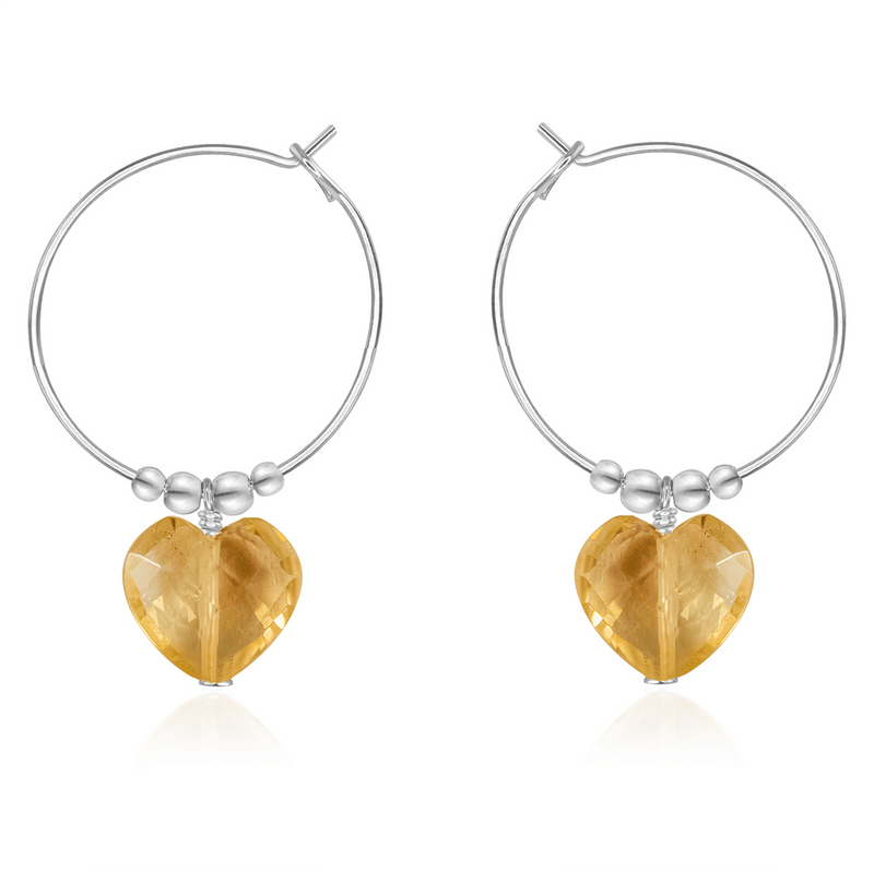 Citrine Crystal Heart Dangle Hoop Earrings - Citrine Crystal Heart Dangle Hoop Earrings - Sterling Silver - Luna Tide Handmade Crystal Jewellery